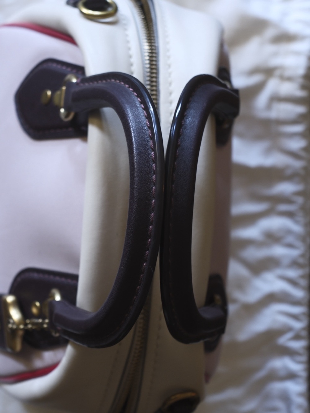Coach Colorblock Pink  and Cream Marliegh Satchel w/Oxblood Trim and Red Piping - Picture 6 of 15
